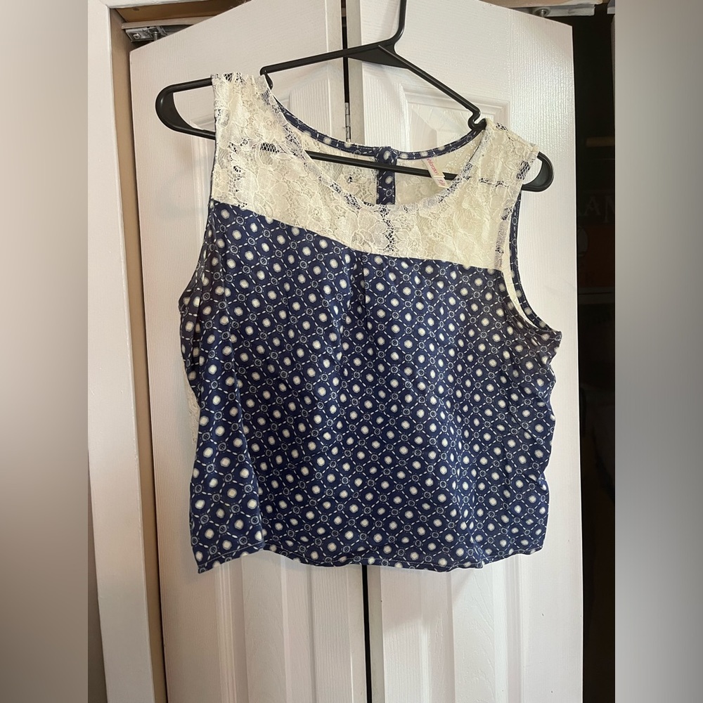 Blue and white lace crop button back top